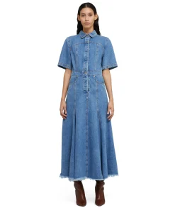 Abito Midi Di Jeans Con Maniche Corte E Gonna A Ruota^MSGM Fashion