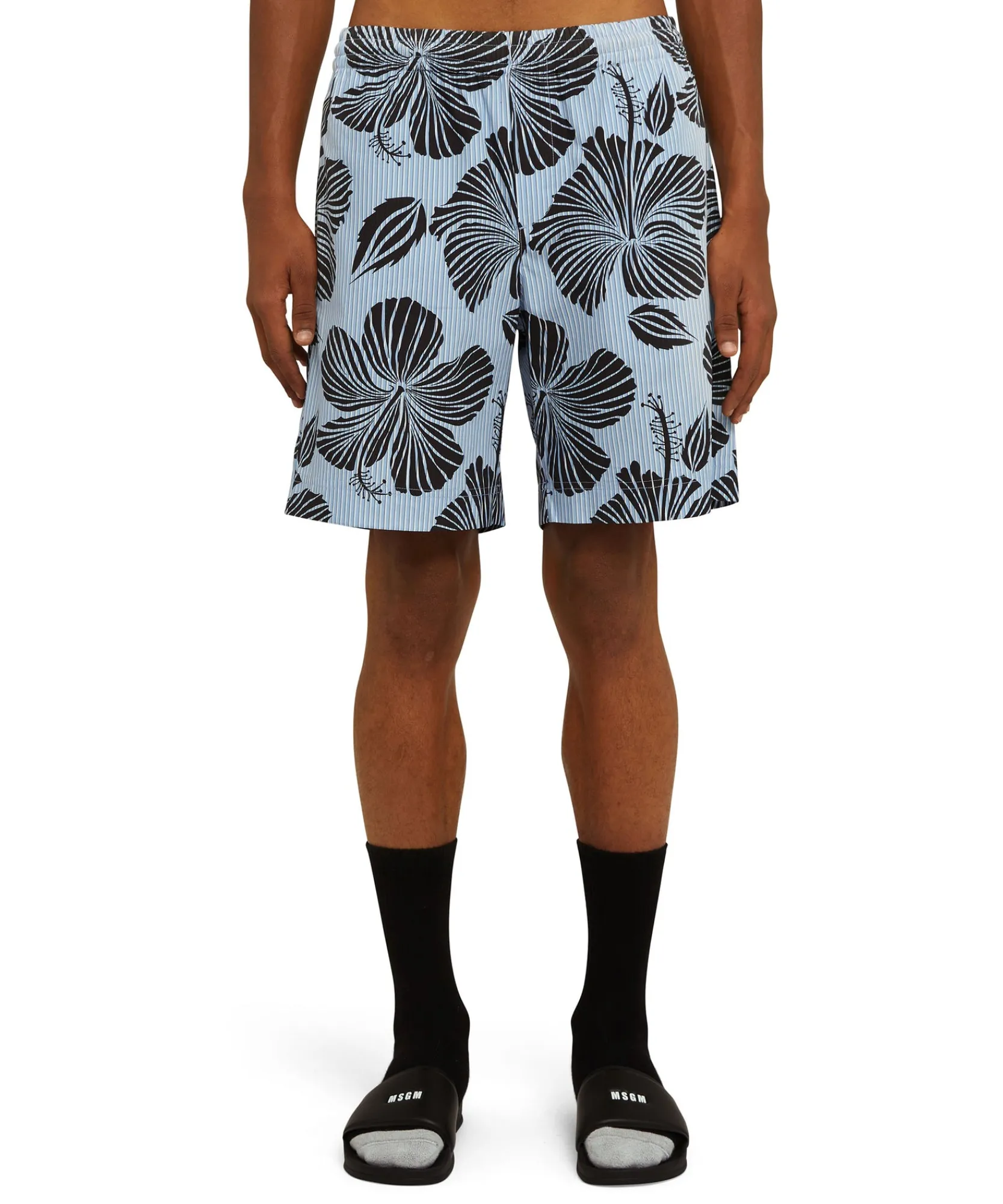 Bermuda In Cotone Popeline Bacchettato Con Stampa "Hibiscus"^MSGM Shop