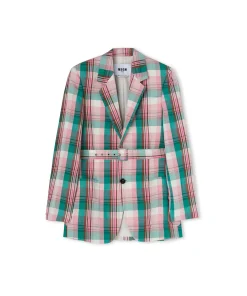 Blazer Monopetto In Lino Madras Con Cintura In Vita^MSGM Sale