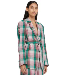 Blazer Monopetto In Lino Madras Con Cintura In Vita^MSGM Sale