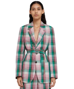 Blazer Monopetto In Lino Madras Con Cintura In Vita^MSGM Sale