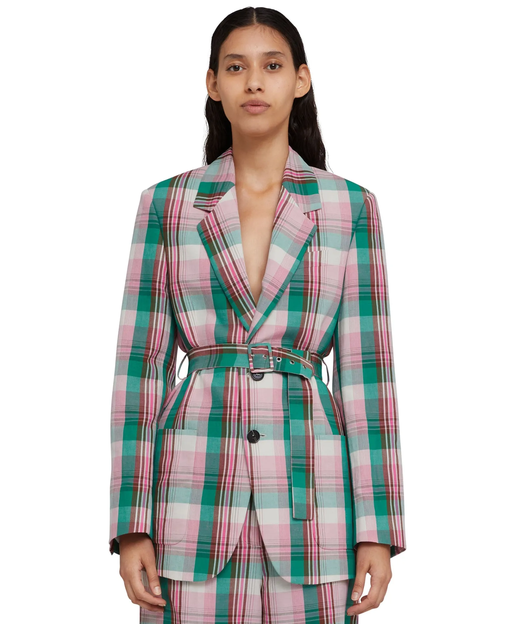 Blazer Monopetto In Lino Madras Con Cintura In Vita^MSGM Sale