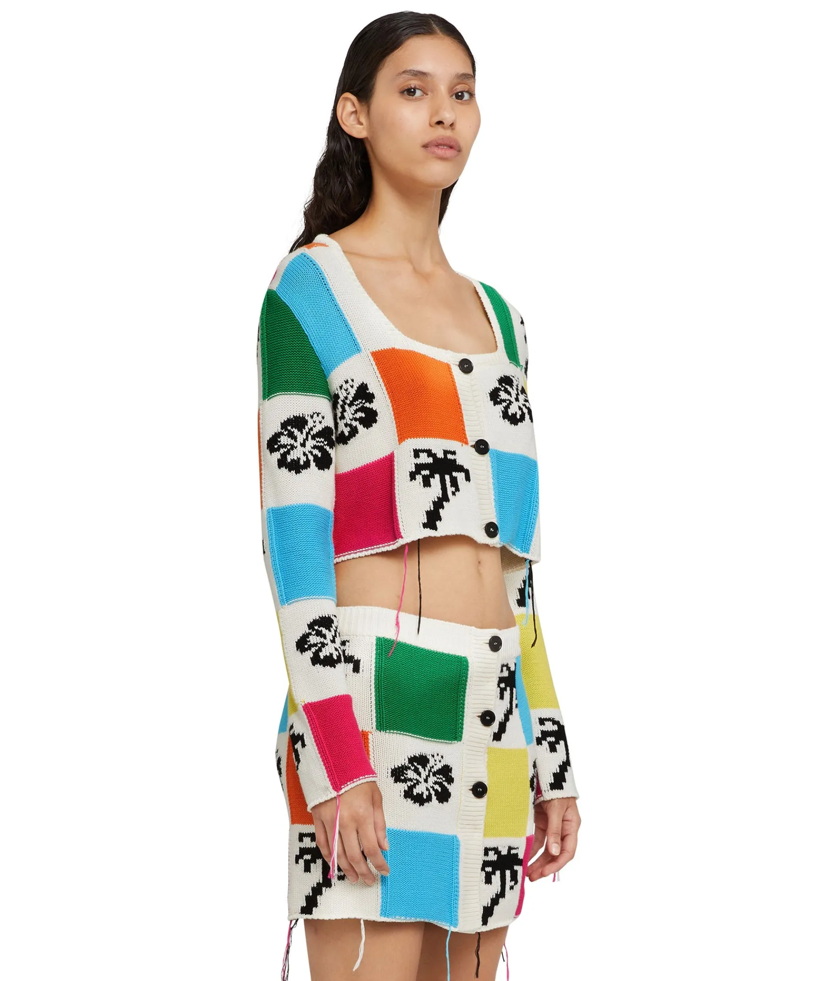 Cardigan Crop In Maglia Patchwork Con Intarsi Di Hibiscus E Palme^MSGM Fashion