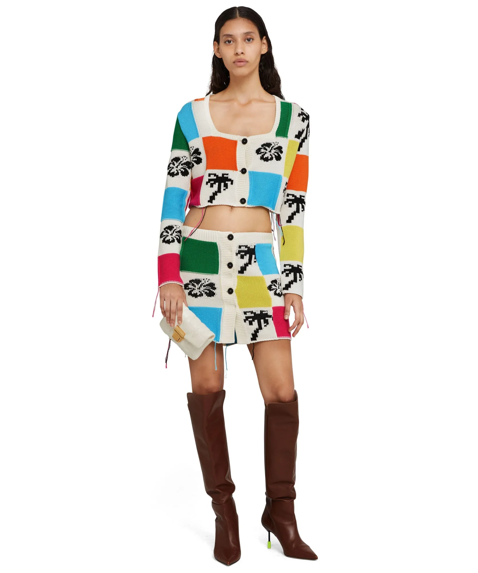 Cardigan Crop In Maglia Patchwork Con Intarsi Di Hibiscus E Palme^MSGM Fashion