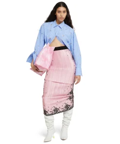 Gonna Lunga In Satin Micro Pleated Con Stampa 