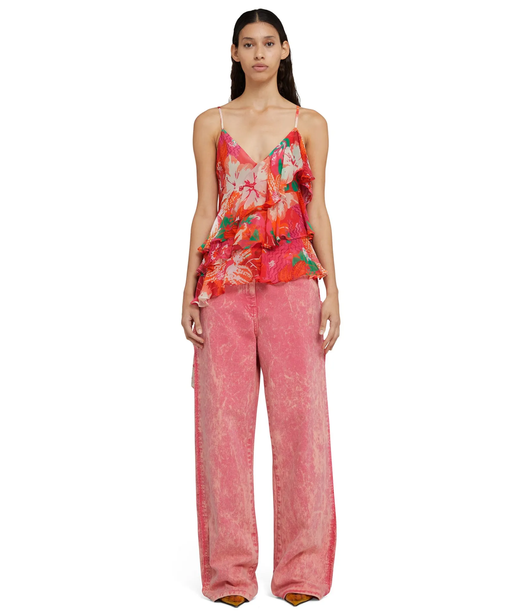 Top Assimetrico Con Balze Applicate In Viscosa Crepon Con Stampa "Tropico"^MSGM Fashion