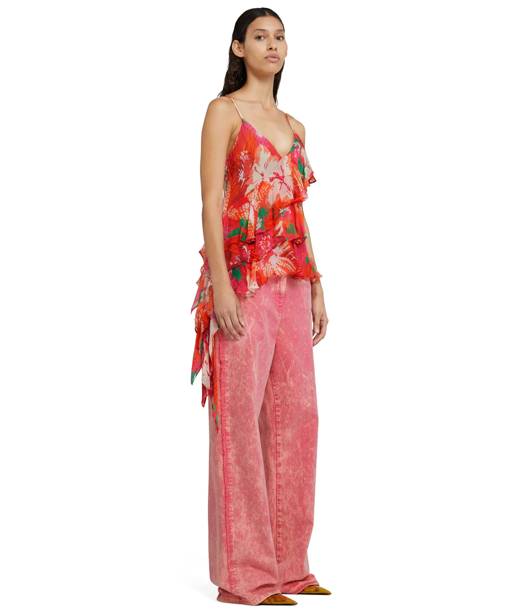Top Assimetrico Con Balze Applicate In Viscosa Crepon Con Stampa "Tropico"^MSGM Fashion