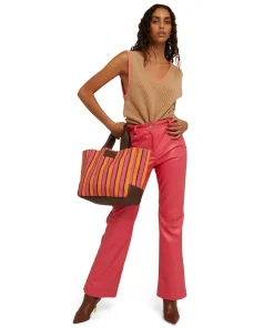 Tote Bag In Cotone A Righe Con Manici In Pelle^MSGM Hot
