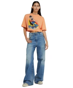 T-Shirt Crop Girocollo In Cotone Tinta Unita Con Grafica " Sunset"^MSGM Outlet