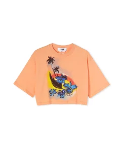 T-Shirt Crop Girocollo In Cotone Tinta Unita Con Grafica " Sunset"^MSGM Outlet