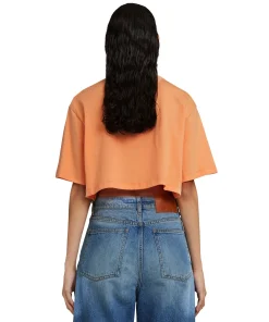 T-Shirt Crop Girocollo In Cotone Tinta Unita Con Grafica 
