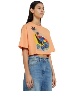 T-Shirt Crop Girocollo In Cotone Tinta Unita Con Grafica 