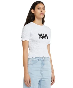 T-Shirt Crop In Cotone Con Lavorazione Punto Smock^MSGM Cheap