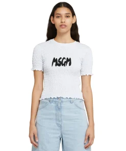 T-Shirt Crop In Cotone Con Lavorazione Punto Smock^MSGM Cheap