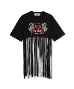 T-Shirt Girocollo Crop Con Frange In Cotone Con Grafica "Club Paradiso"^MSGM Online