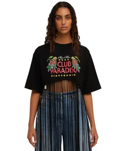 T-Shirt Girocollo Crop Con Frange In Cotone Con Grafica "Club Paradiso"^MSGM Online