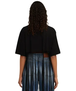 T-Shirt Girocollo Crop Con Frange In Cotone Con Grafica