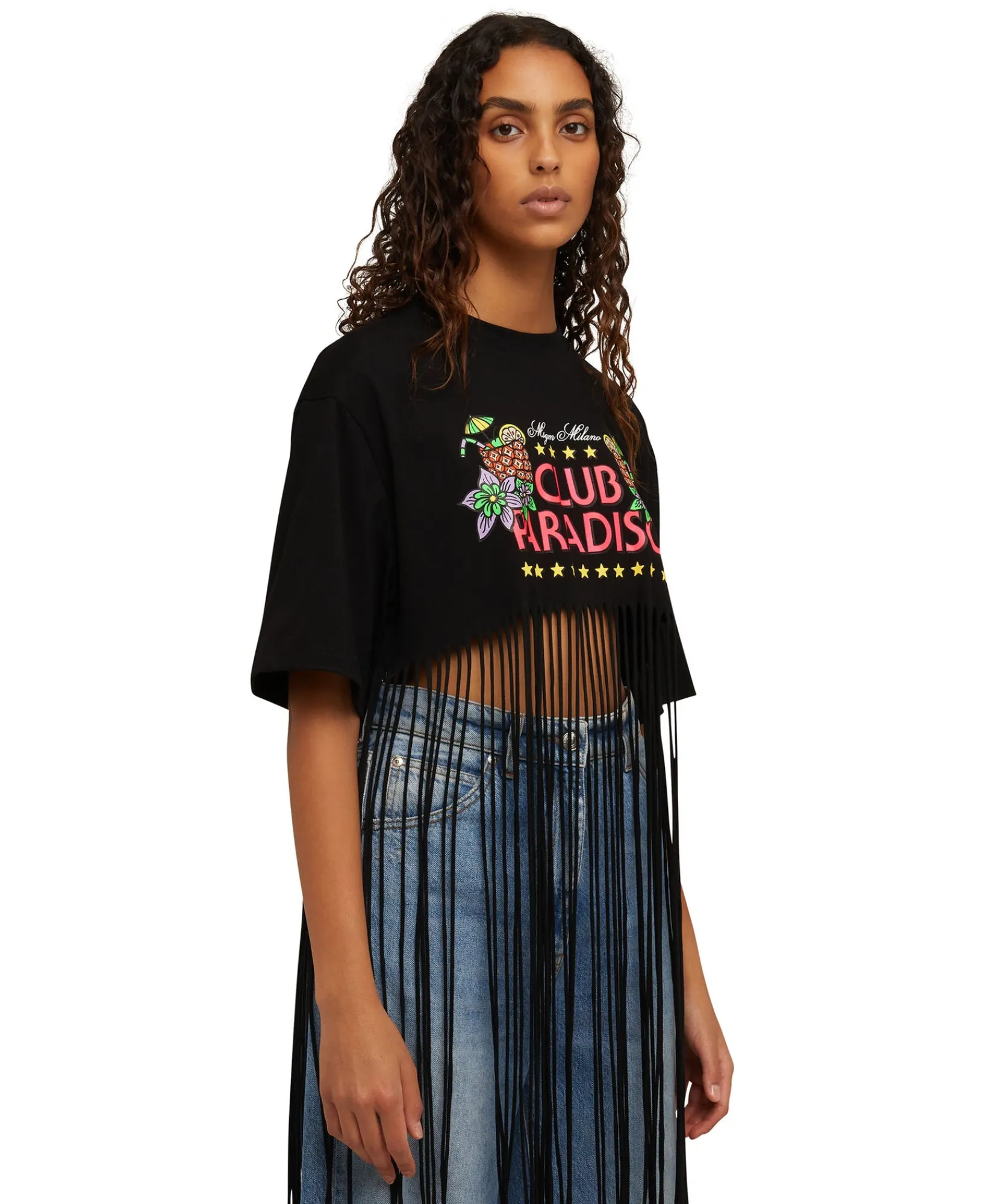 T-Shirt Girocollo Crop Con Frange In Cotone Con Grafica "Club Paradiso"^MSGM Online