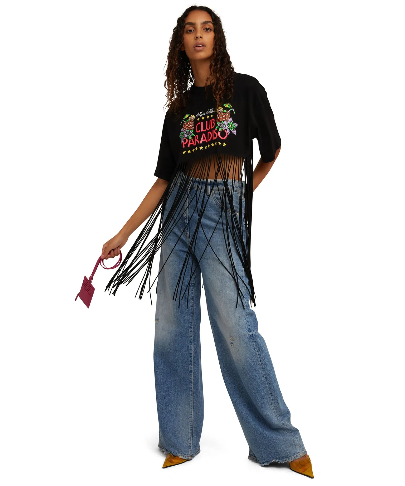 T-Shirt Girocollo Crop Con Frange In Cotone Con Grafica "Club Paradiso"^MSGM Online