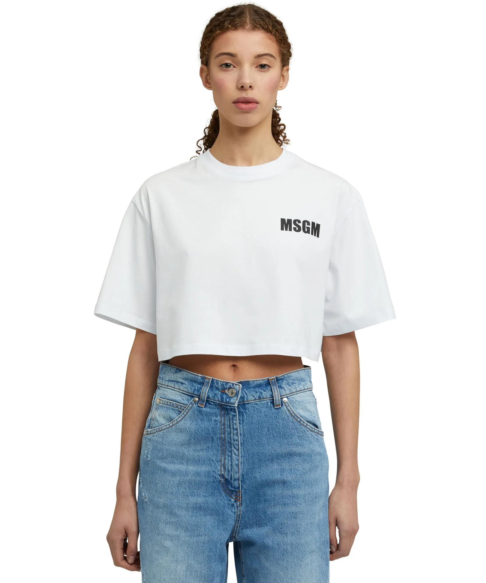 T-Shirt Girocollo Crop In Cotone Con Logo E Quote^MSGM Cheap