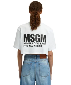 T-Shirt Girocollo Crop In Cotone Con Logo E Quote^MSGM Cheap