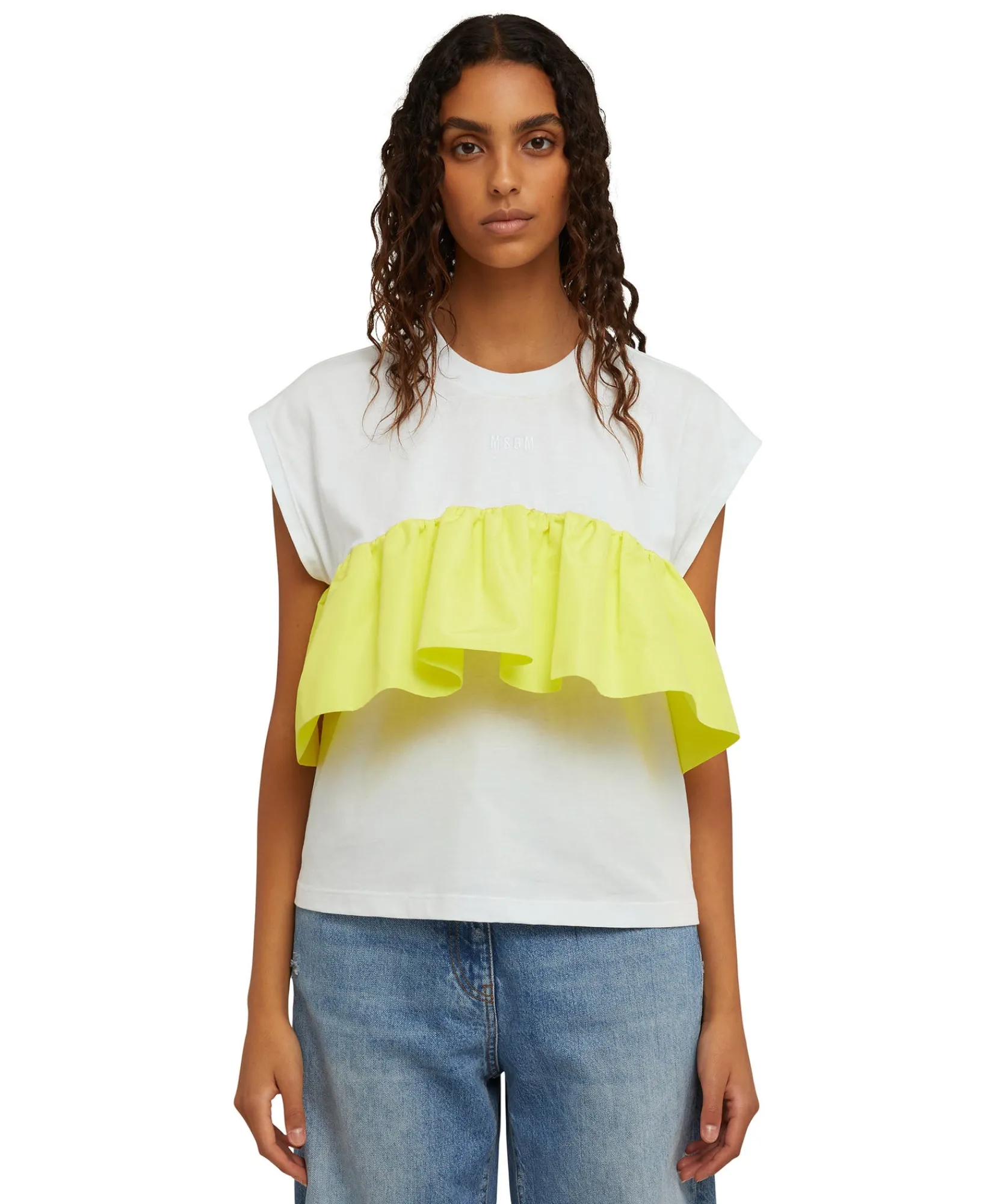 T-Shirt Girocollo In Cotone Con Balza In Taffeta Applicata^MSGM Sale