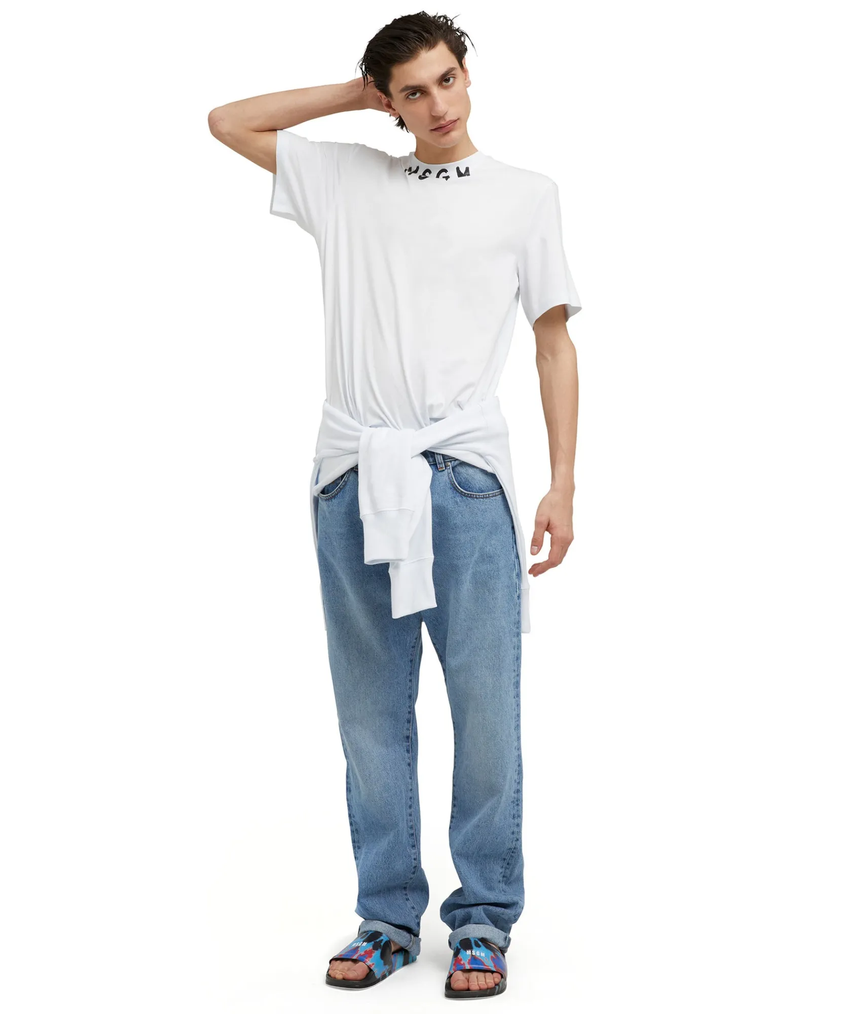 T-Shirt Girocollo In Cotone Con Logo Pennellato Posizionato Sul Collo^MSGM Store