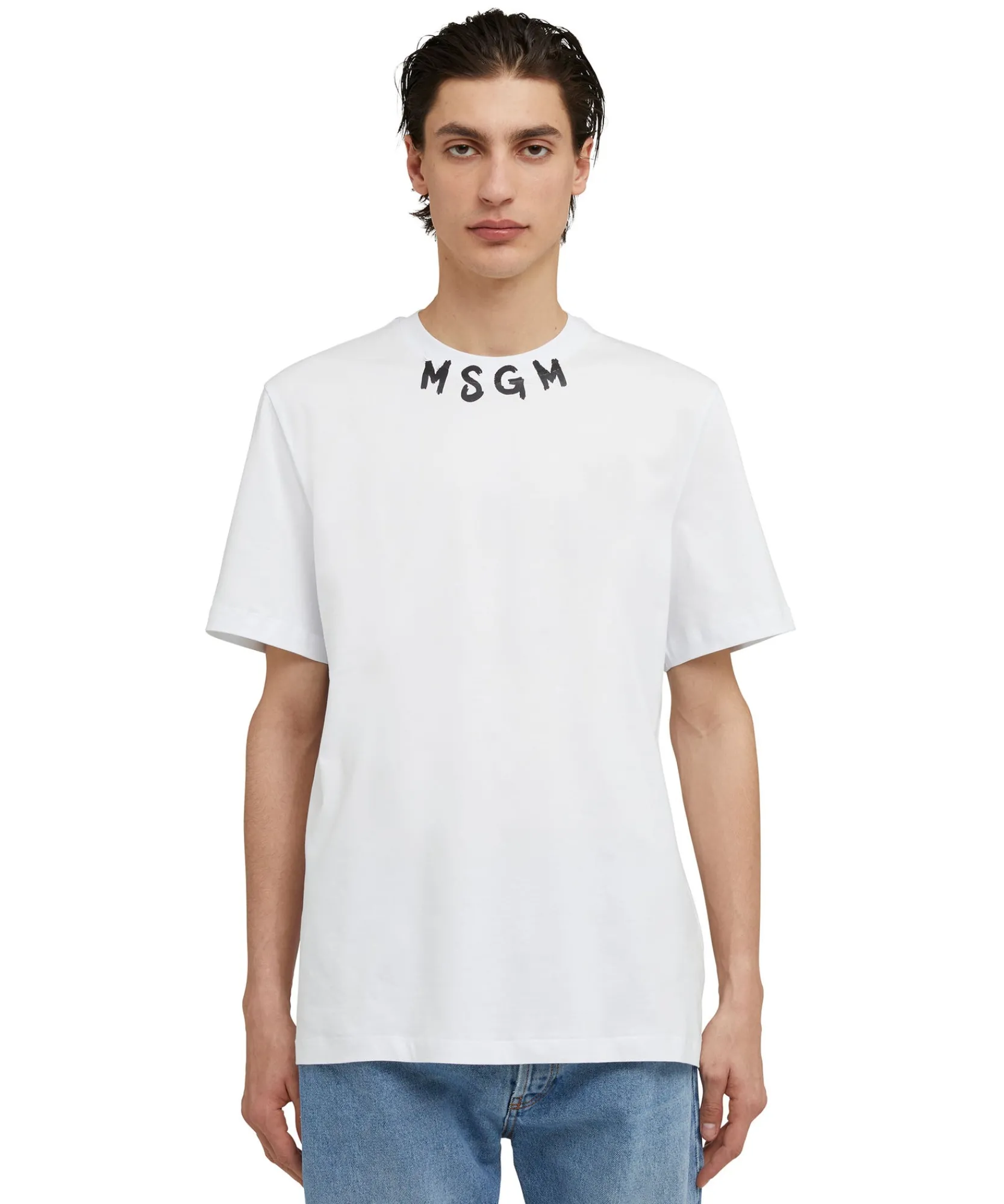 T-Shirt Girocollo In Cotone Con Logo Pennellato Posizionato Sul Collo^MSGM Store