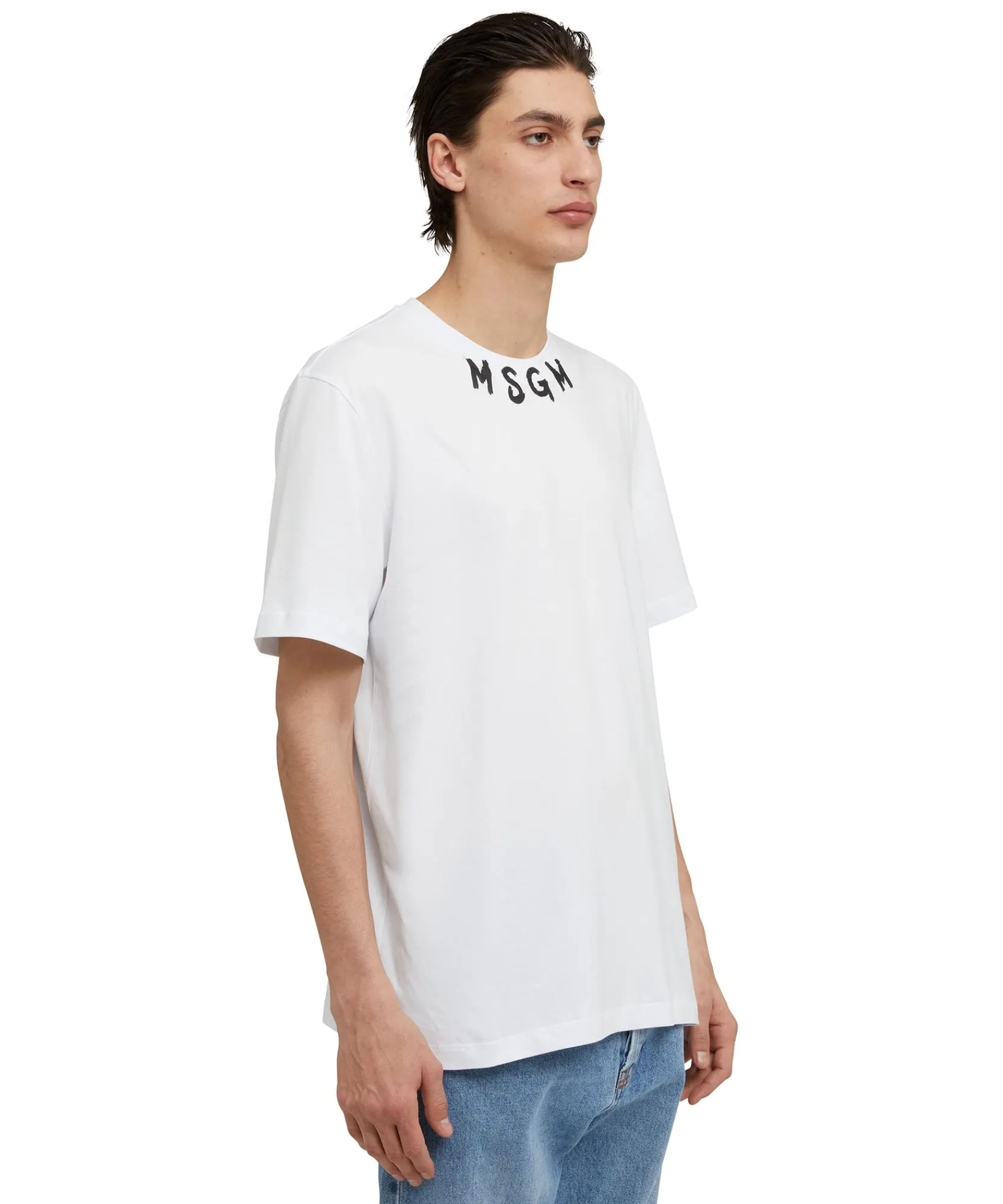T-Shirt Girocollo In Cotone Con Logo Pennellato Posizionato Sul Collo^MSGM Store