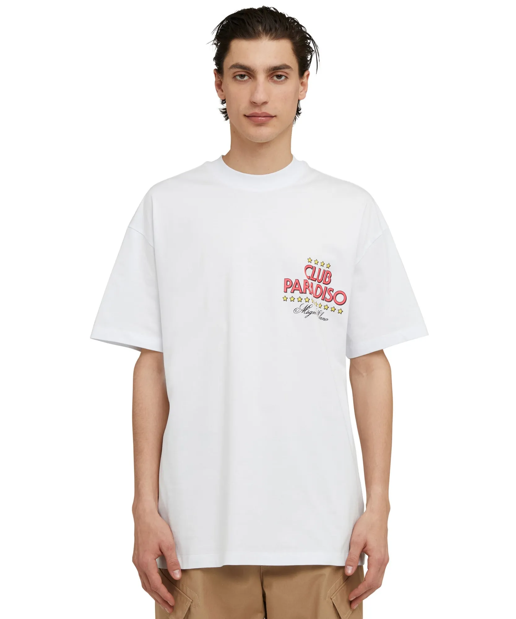 T-Shirt Girocollo In Cotone Tinta Unita Con Grafica "Club Paradiso"^MSGM Cheap