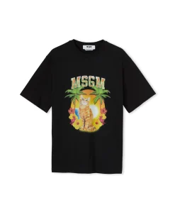 T-Shirt Girocollo In Cotone Con Grafica "College Cat"^MSGM Fashion