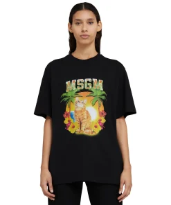 T-Shirt Girocollo In Cotone Con Grafica "College Cat"^MSGM Fashion