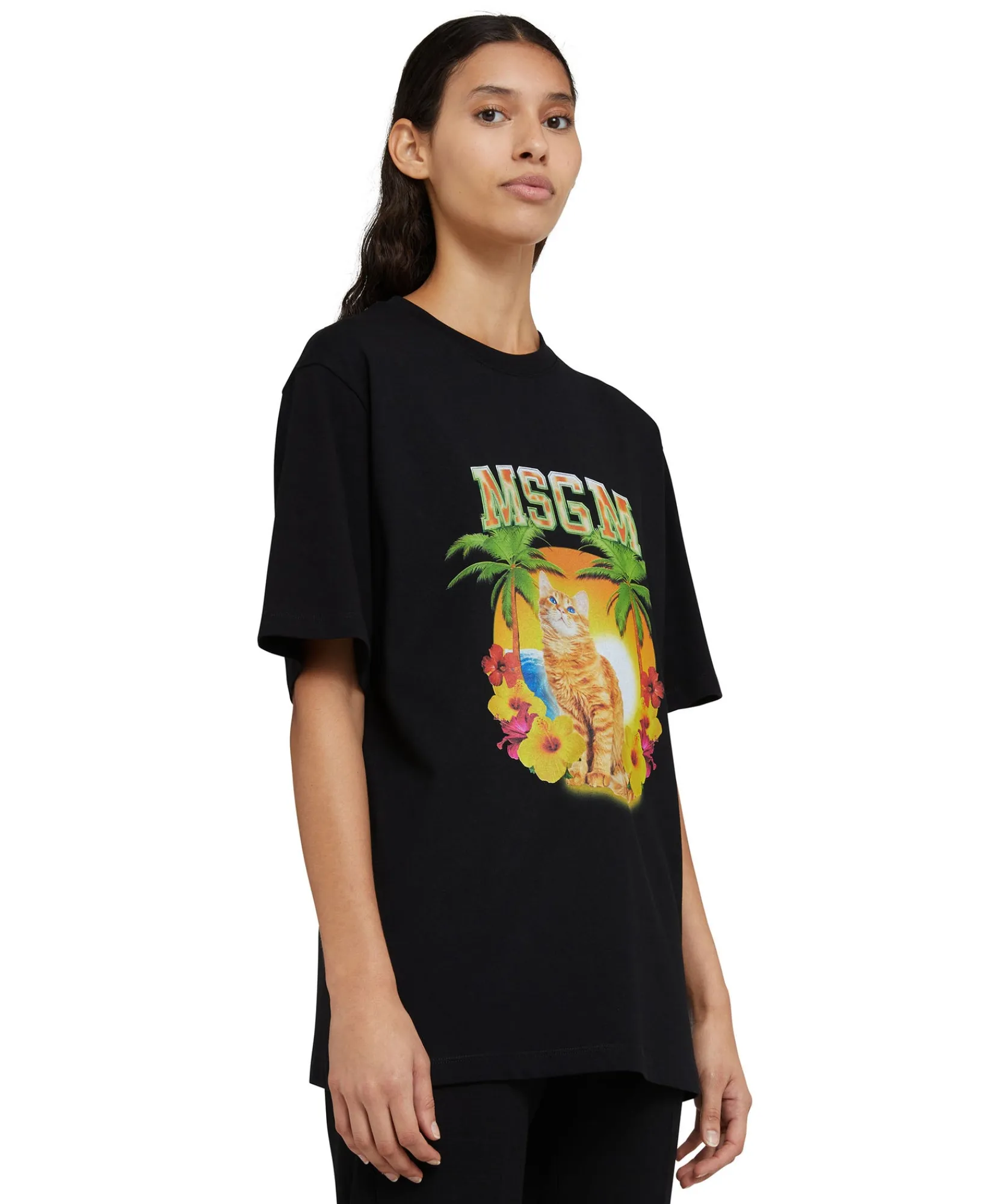 T-Shirt Girocollo In Cotone Con Grafica "College Cat"^MSGM Fashion