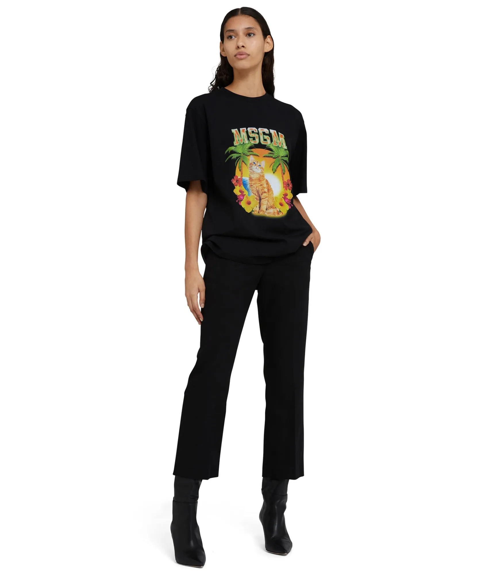 T-Shirt Girocollo In Cotone Con Grafica "College Cat"^MSGM Fashion