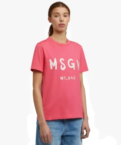 T-Shirt Girocollo In Cotone Con Logo Pennellato^MSGM Shop