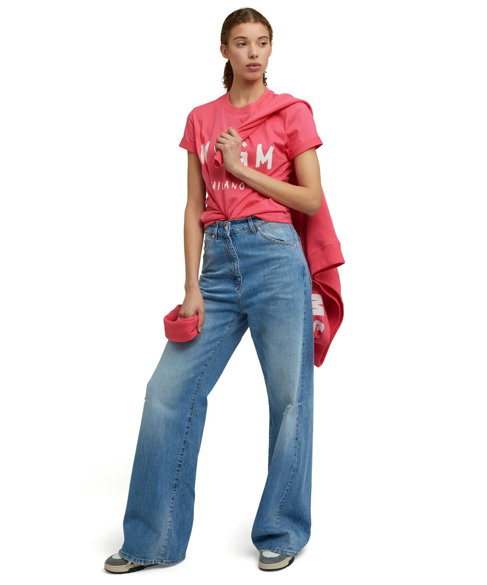 T-Shirt Girocollo In Cotone Con Logo Pennellato^MSGM Shop
