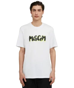 T-Shirt Girocollo In Cotone Con Nuovo Logo Pennellato Con Ombra Fluo^MSGM Fashion