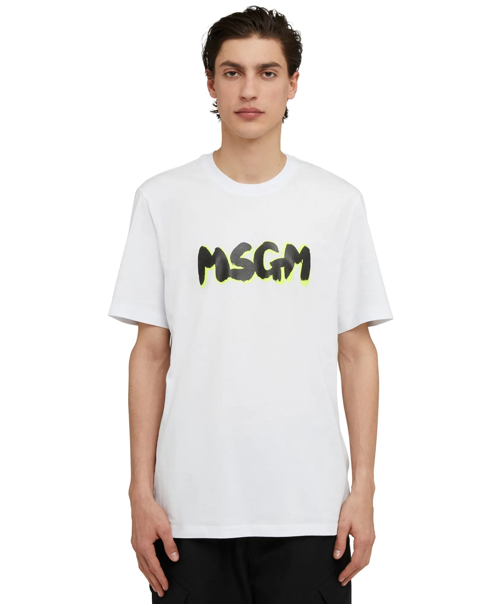 T-Shirt Girocollo In Cotone Con Nuovo Logo Pennellato Con Ombra Fluo^MSGM Fashion