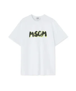 T-Shirt Girocollo In Cotone Con Nuovo Logo Pennellato Con Ombra Fluo^MSGM Fashion