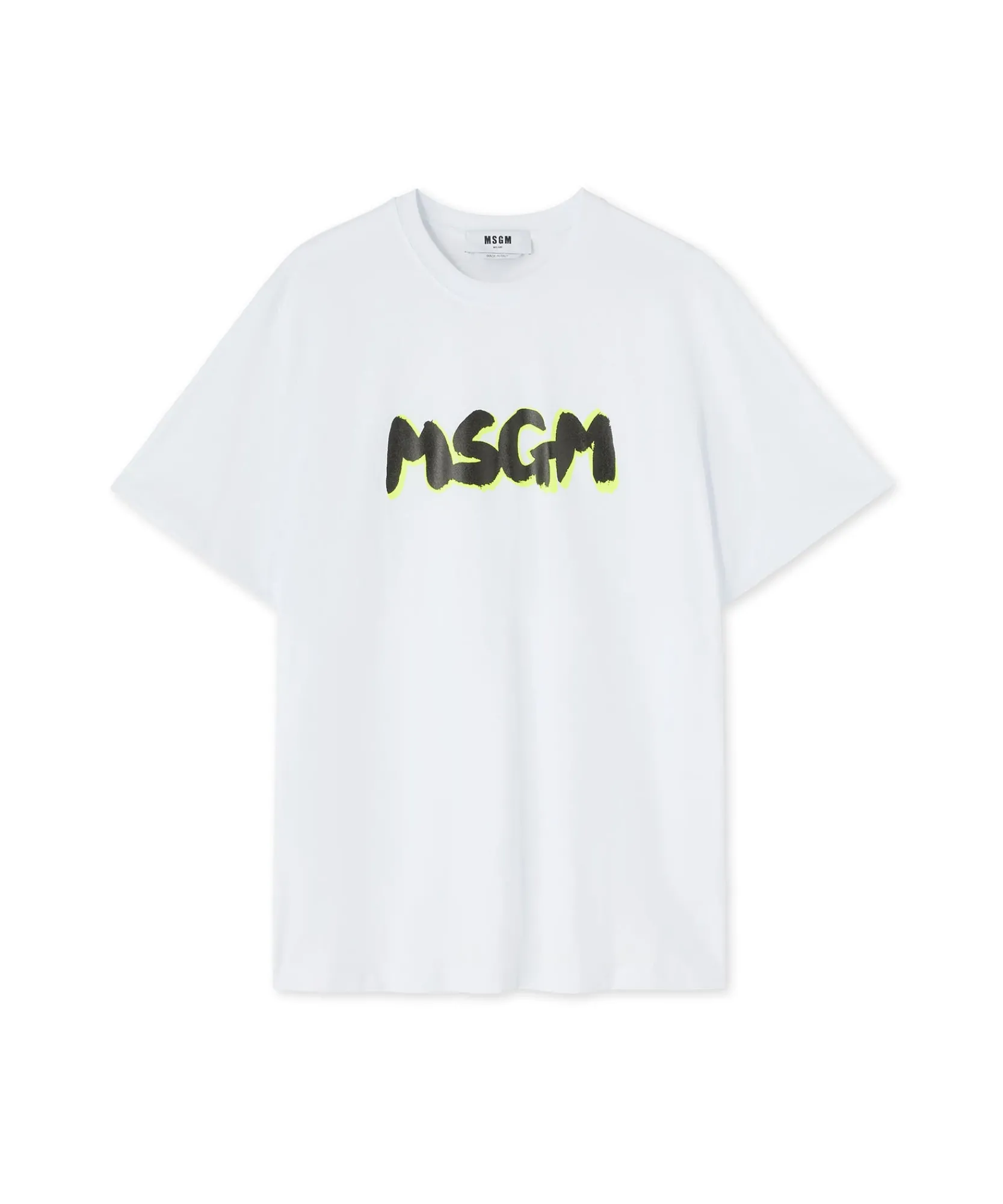 T-Shirt Girocollo In Cotone Con Nuovo Logo Pennellato Con Ombra Fluo^MSGM Fashion