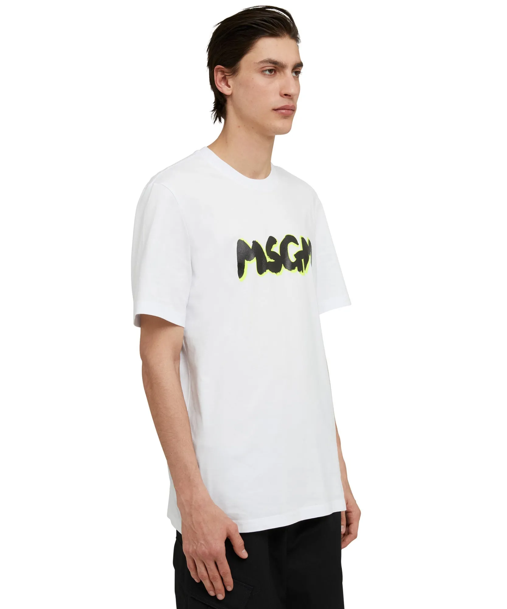 T-Shirt Girocollo In Cotone Con Nuovo Logo Pennellato Con Ombra Fluo^MSGM Fashion