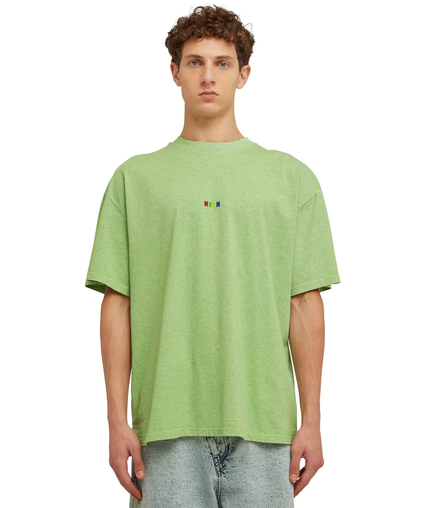 T-Shirt Girocollo In Cotone Melange Con Micro Logo Rainbow Ricamato^MSGM Sale