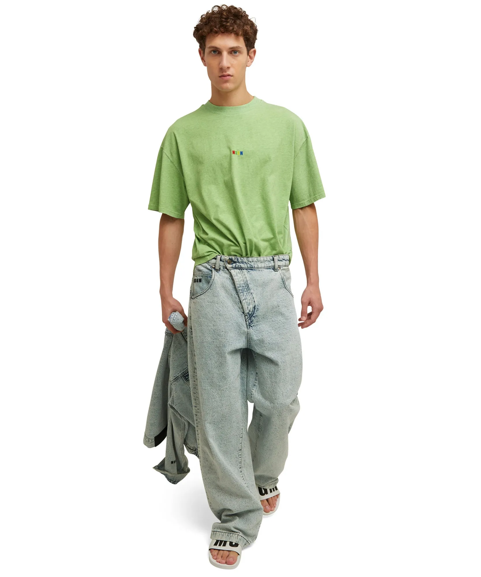 T-Shirt Girocollo In Cotone Melange Con Micro Logo Rainbow Ricamato^MSGM Sale
