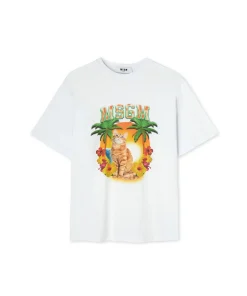 T-Shirt Girocollo In Cotone Con Grafica "College Cat"^MSGM Cheap