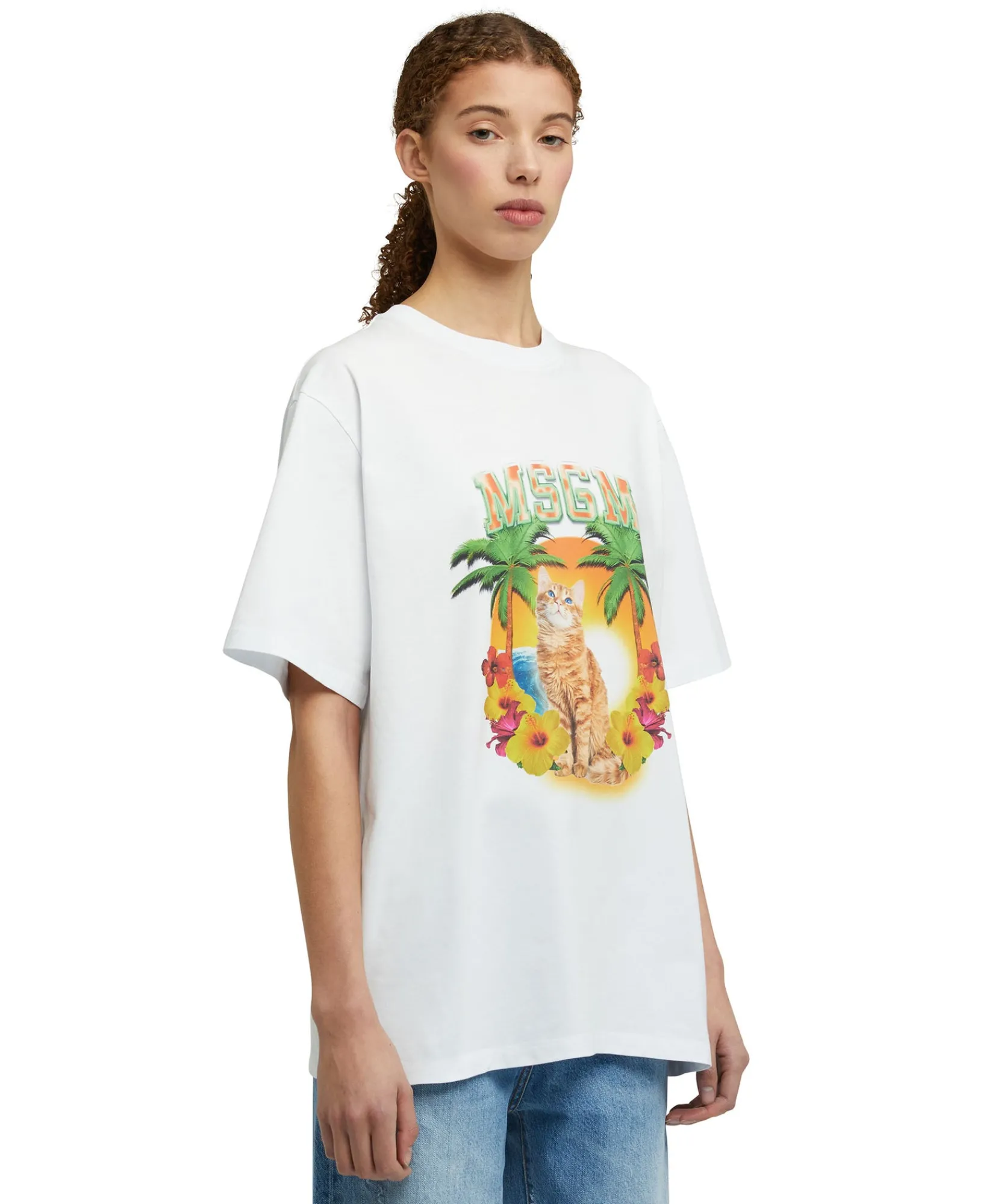 T-Shirt Girocollo In Cotone Con Grafica "College Cat"^MSGM Cheap