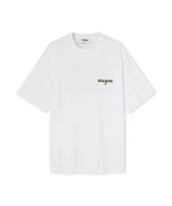 T-Shirt Girocollo In Cotone Con Logo Multicolor Corsivo Ricamato^MSGM Cheap
