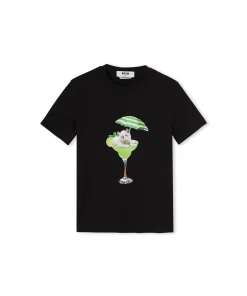T-Shirt Girocollo In Cotone Con Grafica "Cocktail Cat"^MSGM Outlet