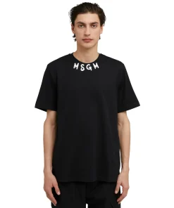 T-Shirt Girocollo In Cotone Con Logo Pennellato Posizionato Sul Collo^MSGM Hot
