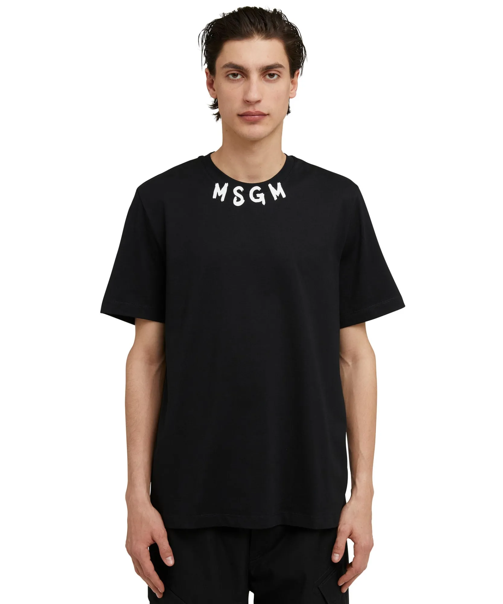 T-Shirt Girocollo In Cotone Con Logo Pennellato Posizionato Sul Collo^MSGM Hot