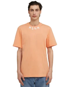 T-Shirt Girocollo In Cotone Con Logo Pennellato Posizionato Sul Collo^MSGM Hot